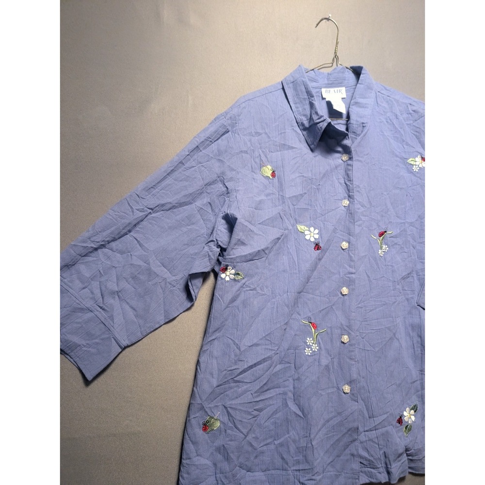 Blair Womens 2XL Blue Cotton Embroidered Floral Ladybug 3/4 Sleeve Button Shirt - Picture 2 of 9